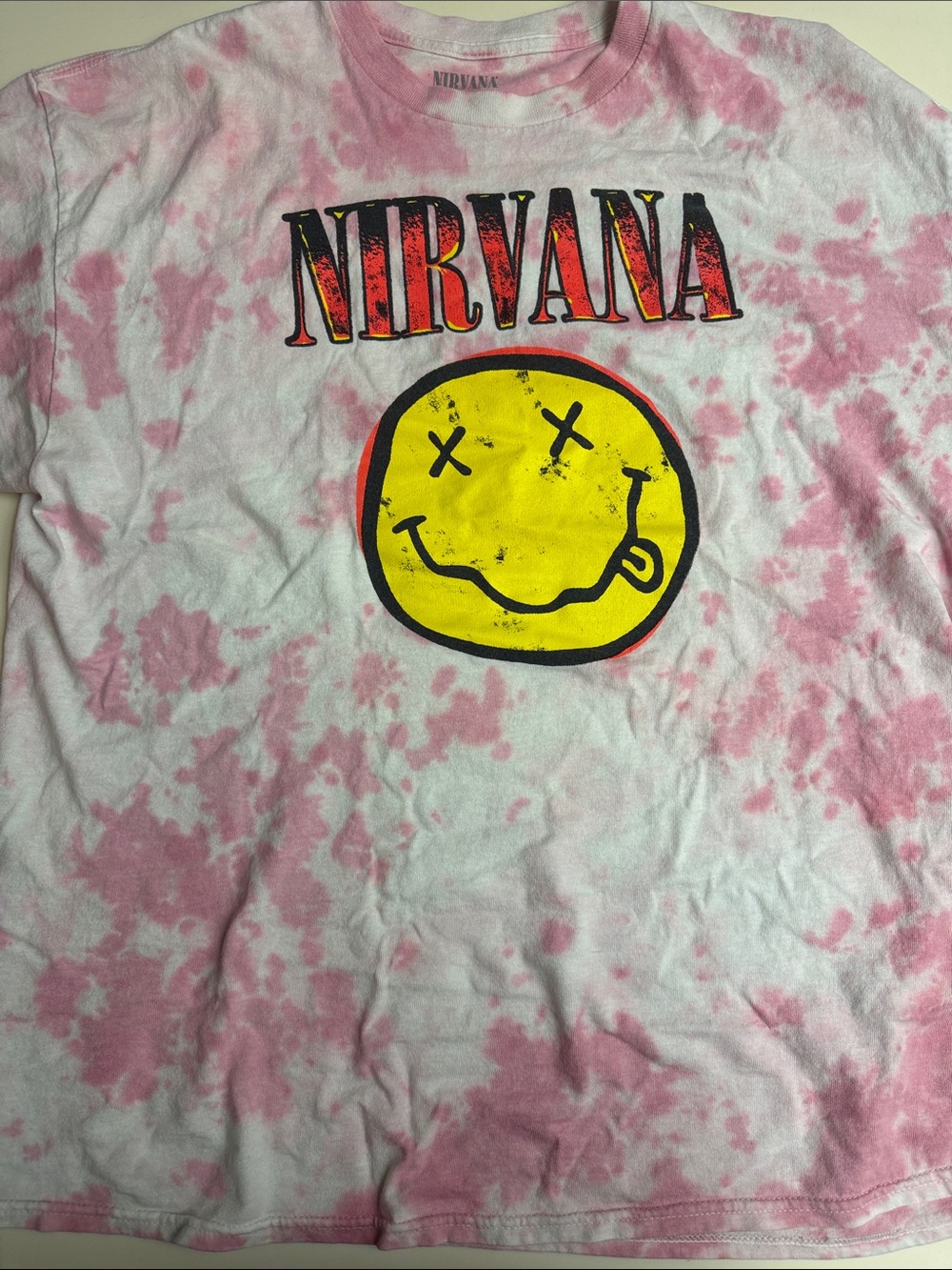NIRVANA Pink Tie-Dye Tee with Yellow Smiley Graphic XL